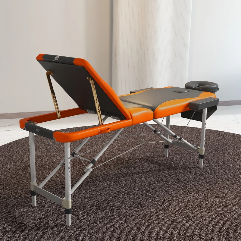 HOMCOM Foldable Massage Bed Portable Table, 3-Section Aluminium Foldable Beauty Couch, Professional Salon Spa Table with Headrest Support, 60 cm Width, Black and Orange