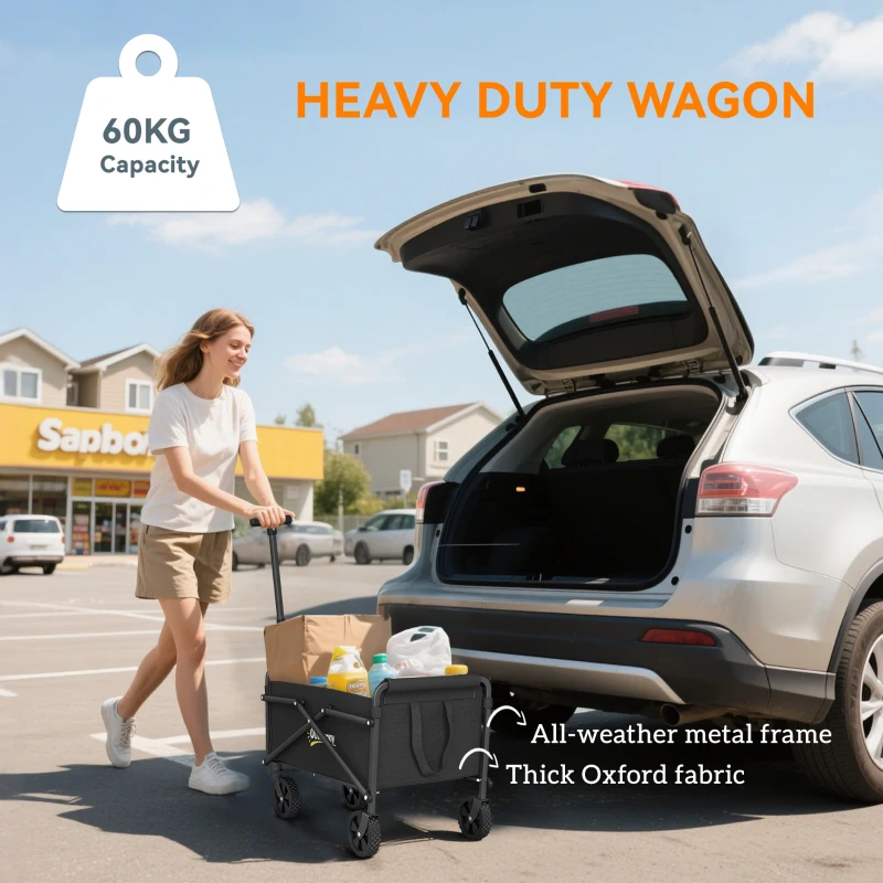 Outsunny 62L Festival Trolley on Wheels, Portable Small Folding Trolley Cart, 60kg Heavy Duty Collapsible Foldable Wagon with Adjustable Handle and Carrying Bag for Beach, Camping, Garden, Black