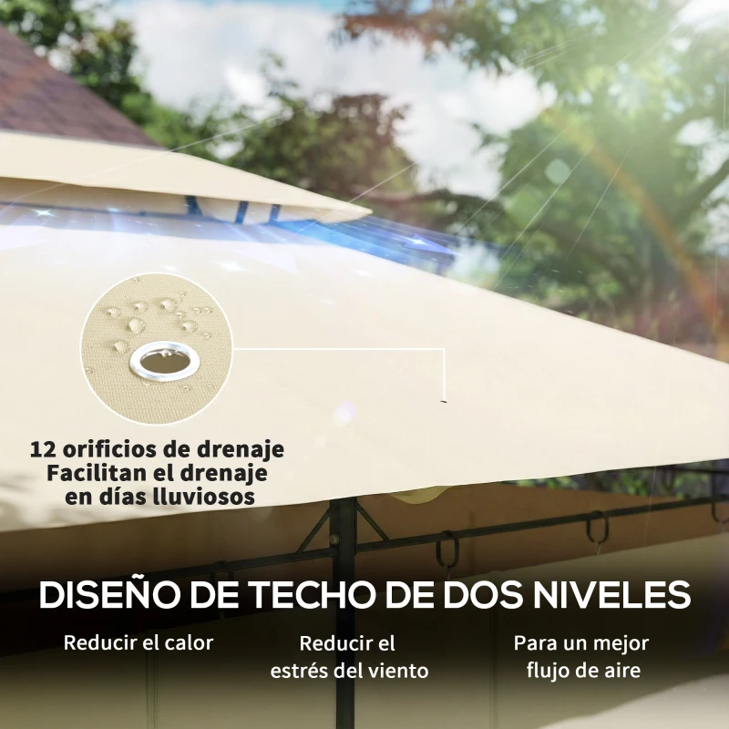 Outsunny Cenador de Jardín de 4x3 m con Doble Techo Paredes Laterales Resistente al Agua para Exterior Terraza Beige