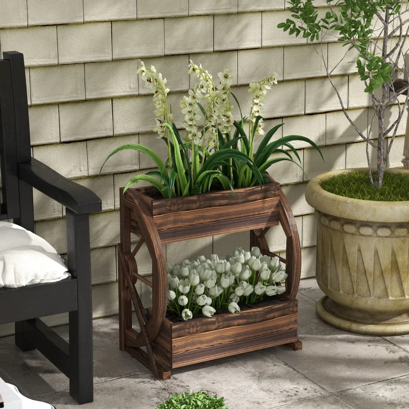 Outsunny Fioriera in Legno da Esterno a 2 Livelli con 3 Vasi e Ruote di Carro Stile Country, 55x32x56cm