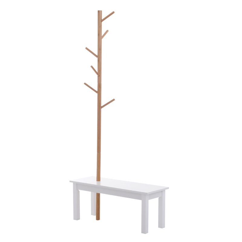 HOMCOM Panca con Appendiabiti da Ingresso, Attaccapanni da Terra in Bambù, Panca da Ingresso Bianca, Design, anche per Camera da Letto, 80x30x180cm, Bianco Legno