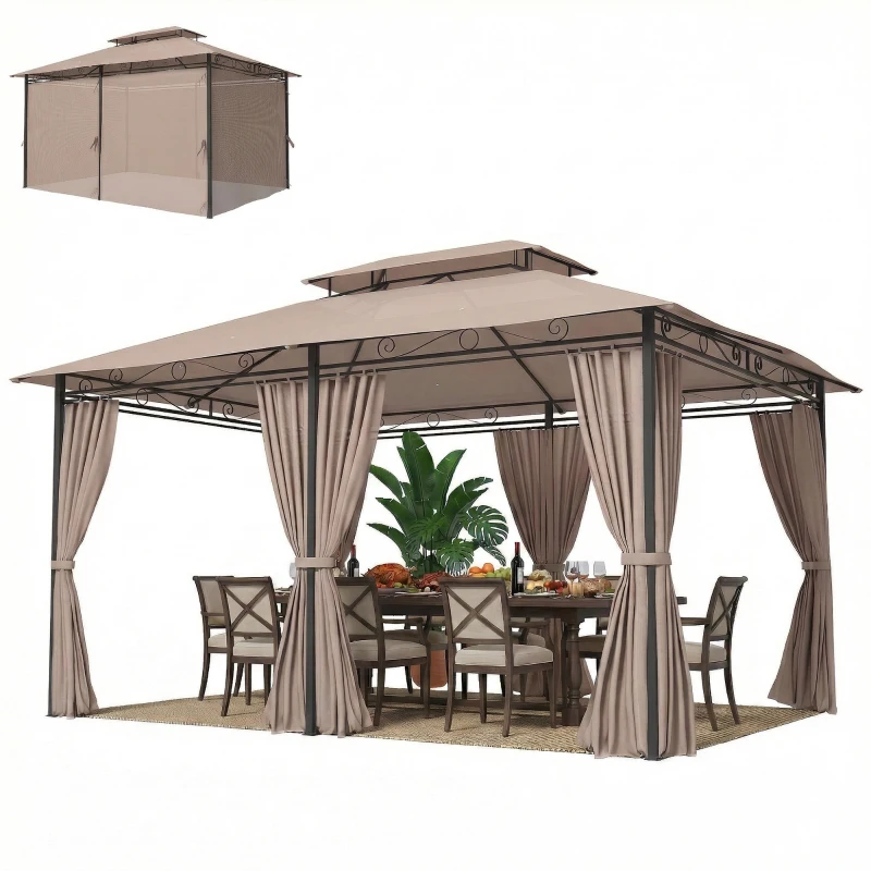 Outsunny Cenador para Jardín 3x4 m Pabellón de Jardín Gazebo con Doble Techo 6 Paredes Laterales Estructura Metálica Caqui