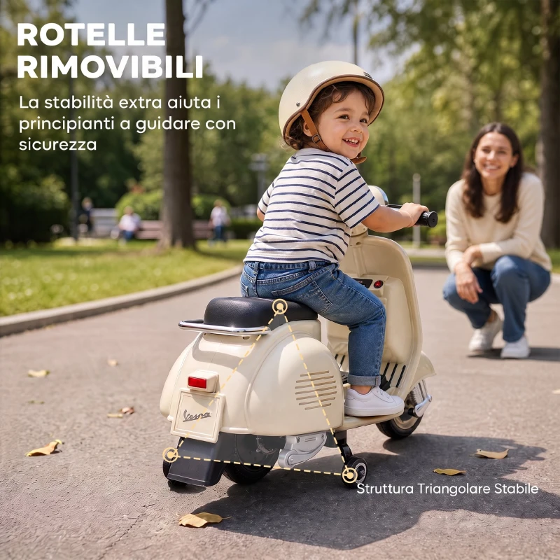 AIYAPLAY Moto Elettrica per Bambini 3+ Anni Licenza VESPA, 7.2V, con Rotelle Rimovibili, 3-5 km/h, Max 30kg, Bianco