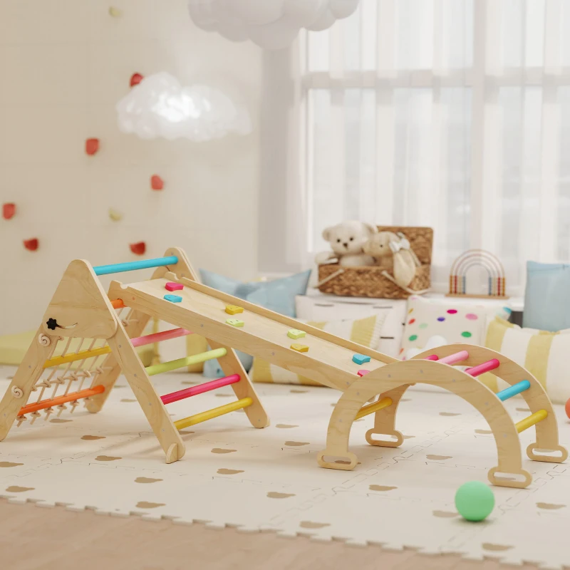AIYAPLAY 8-in-1 Toddler Climbing Frame, Indoor Play Triangle Set with Slide, Arch and Triangle Ladder, Multicolour
