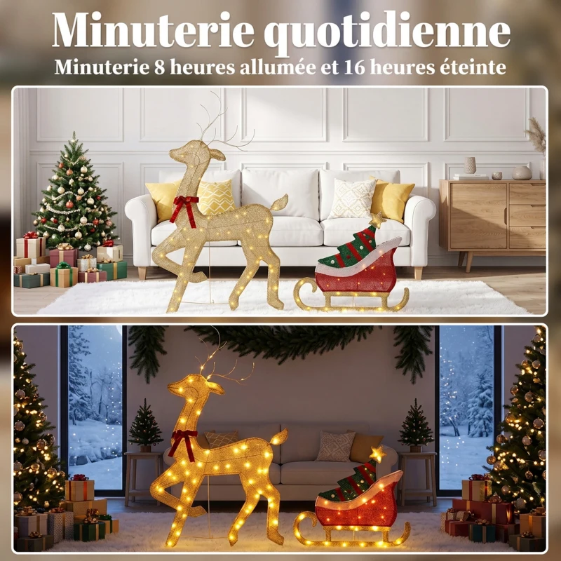 Outsunny Renne et traîneau lumineux, décoration de Noël extérieure, 95 LED blanc chaud, 8 modes, minuterie quotidienne