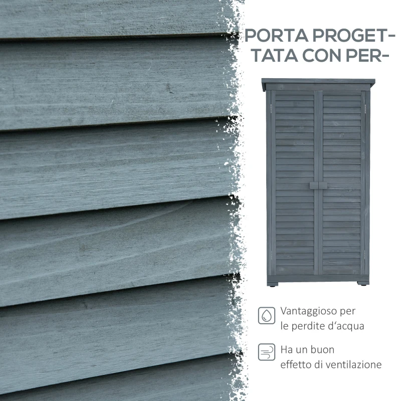 Outsunny Armadio da Esterno in Legno con 2 Porte a Persiana e Ripiani Interni, 87x46.5x160 cm, Grigio