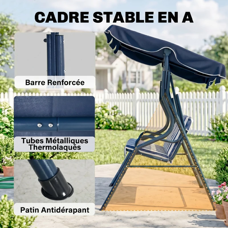 Outsunny Balancelle de Jardin 3 Places Toit imperméabilisé Inclinaison réglable Coussins Assise Dossier Bleu Blanc rayé