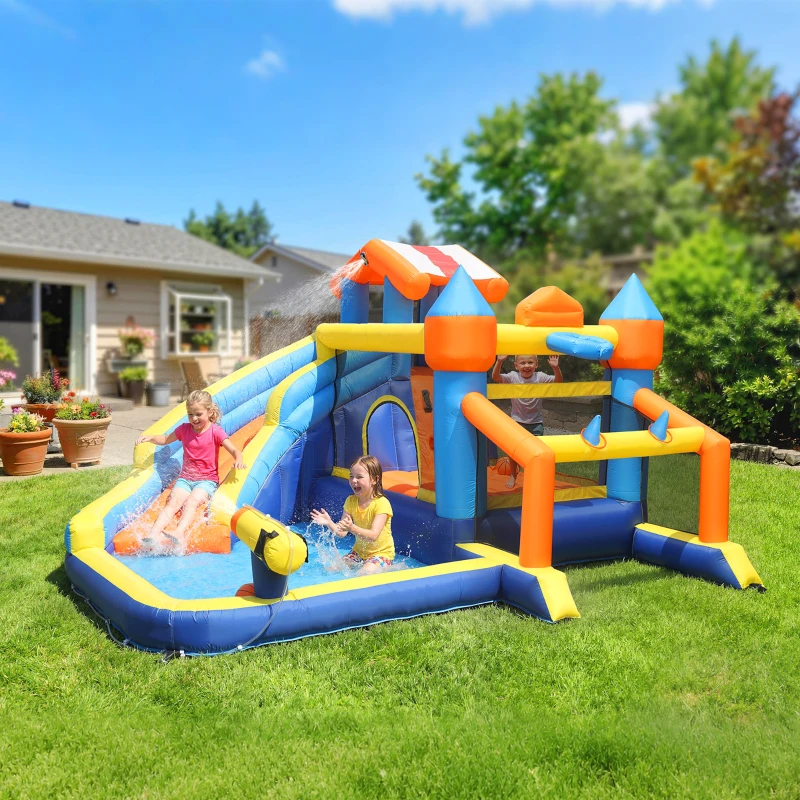 AIYAPLAY Bouncy Castle for Kids, Inflatable Bounce House with Long Slide, Splash Pool and 550W Blower for Indoor Outdoor