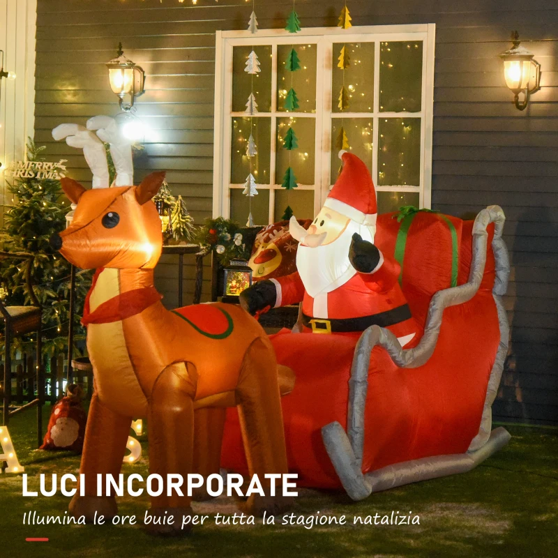 HOMCOM Babbo Natale Gonfiabile 148cm con 4 Luci a LED, Renne e Slitta, Decorazione Natalizia Impermeabile IP44