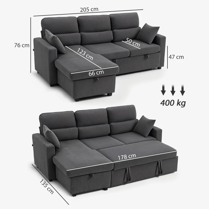 HOMCOM Canapé d'angle convertible en velours côtelé, canapé-lit 3 places avec rangement caché, coussins, 205x135x76cm, gris