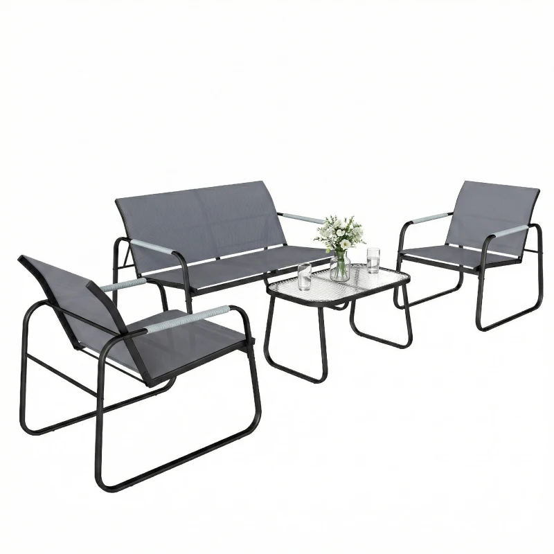 Outsunny Salon de Jardin Ensemble de Terrasse en Acier et Textilène 4 Pièces avec Accoudoirs Corde Tressée Gris