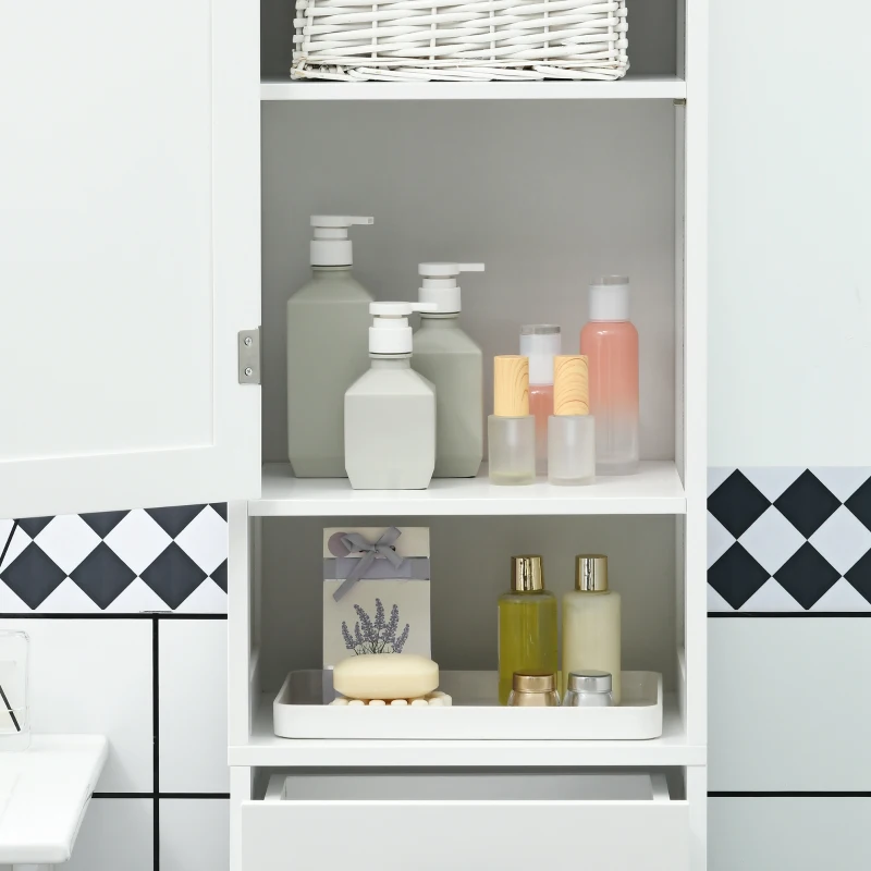 kleankin Mobile Colonna Bagno in Legno con Mensola Aperta, Cassetto e 2 Armadietti, 40x30x164 cm, Bianco