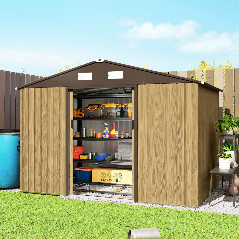 Outsunny Casetta da Giardino 4.9m² in Acciaio con Doppia Porta Scorrevole e Tetto Inclinato, Marrone Chiaro