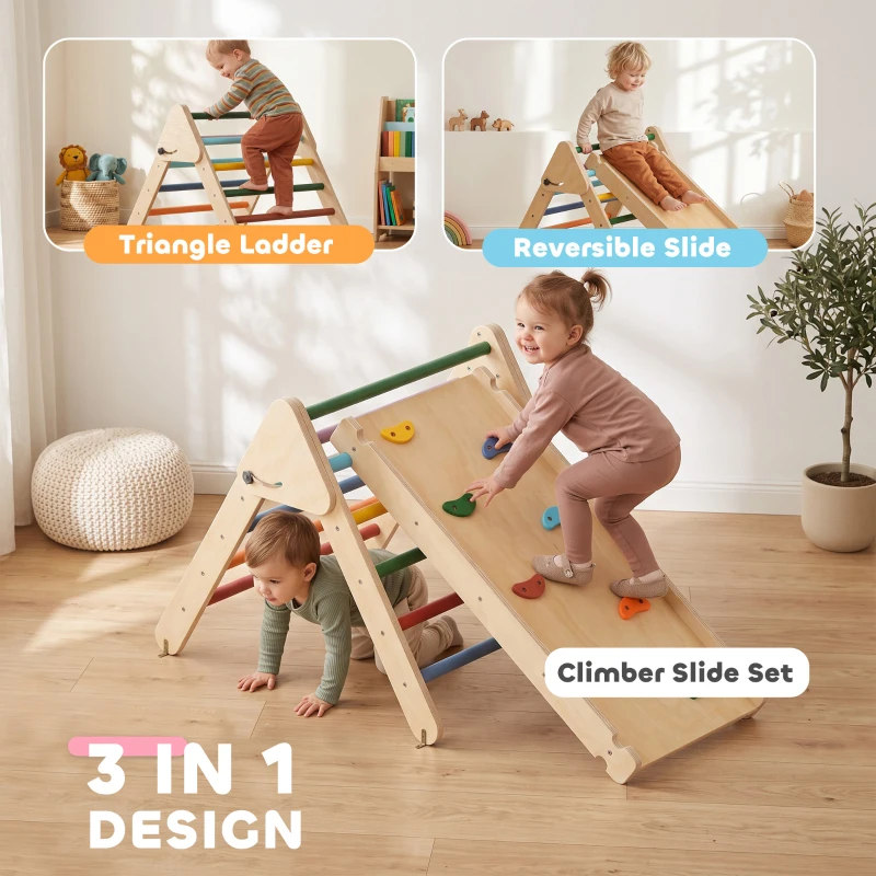 AIYAPLAY Toddler Climbing Frame for Kids with Ramp, 3 in 1 Wooden Pikler Triangle Set for 18-48 Months, Multicolour