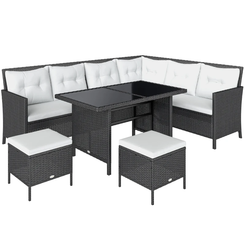 Outsunny Salon de jardin 8 pers. grand confort canapé d'angle + 2 poufs + table à manger 12 coussins assise & dossier fournis polyester écru résine tressée noire
