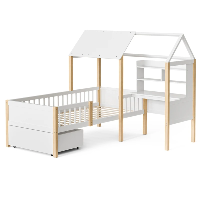 Modern House-Shaped Kids Bed Frame with L-Shaped Desk, Solid Wood Loft Bed with Roomy Rolling Drawers, 195L x 90W x 164.5H cm, White