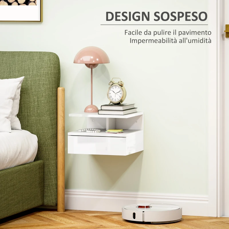 HOMCOM Comodino Sospeso per Camera da Letto con Cassetto e Ripiano Aperto in Legno, 35x32x22.5 cm, Bianco