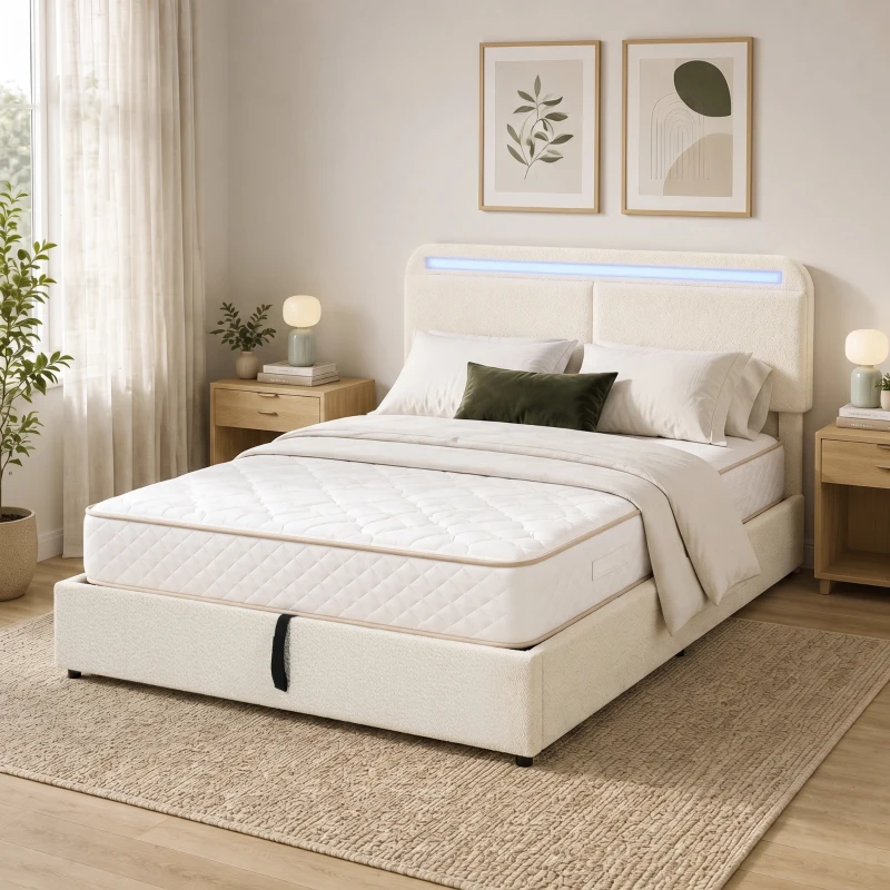 HOMCOM Cama Baú 140 x 190 cm, LED RGB, Cabeceira Regulável, Estrado de Cama Duplo Estofado em Veludo, Armazenamento Hidráulico, Creme