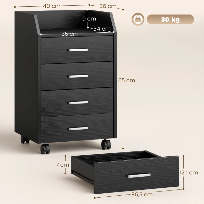 Vinsetto Cassettiera Piccola con 4 Cassetti, Mobiletto Verticale su Ruote, 40 x 36 x 65 cm, Effetto Legno Nero