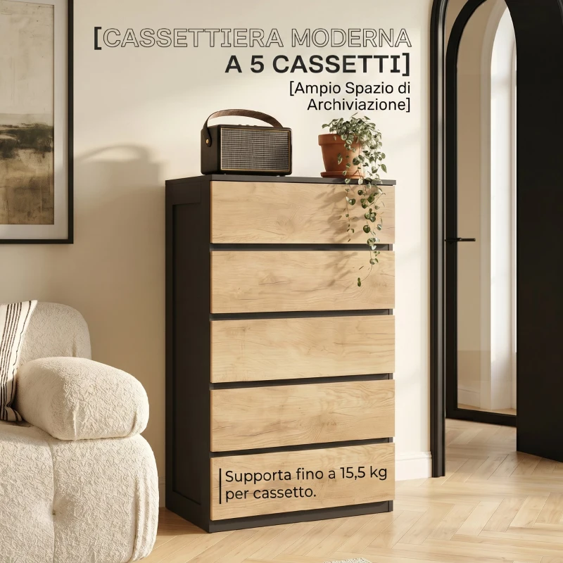 HOMCOM Cassettiera 5 Cassetti in Legno con Maniglie Scanalate, 60x39x100 cm, Nero e Rovere