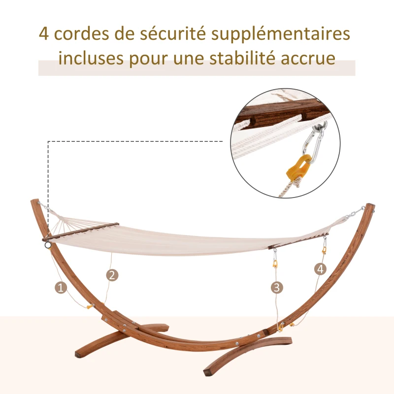 Outsunny Hamac avec support bois hamac sur pied extérieur 4 cordes de sécurité charge 120 kg bois naturel et blanc