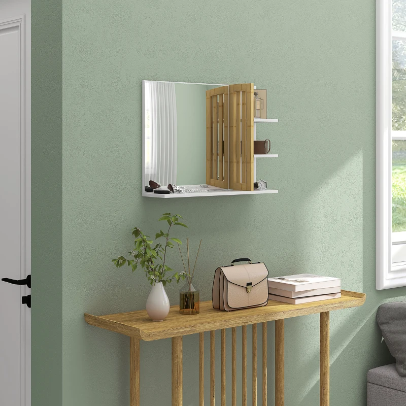 HOMCOM Bamboo Panel Bathroom Mirror, with Shelves - White