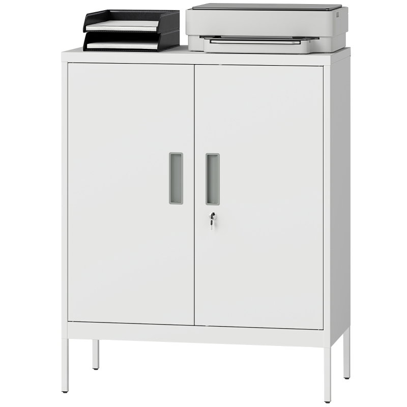 HOMCOM Armadietto da Ufficio in Acciaio a 2 Ripiani Regolabili con Serratura e 2 Chiavi, 80x40x100 cm, Bianco