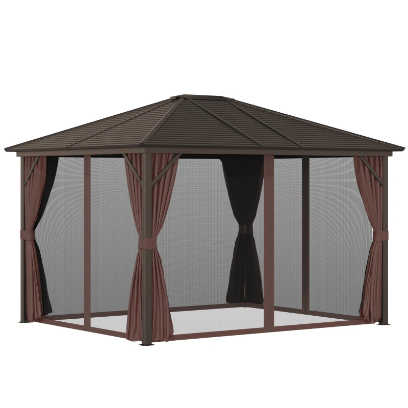 Outsunny Cenador de Jardín 300x365 cm Marco de Aluminio con Cortinas de Doble Capa y Techo Metálico para Reunión Familar Fiestas Bodas Negro y Marrón