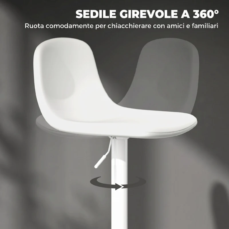 HOMCOM Set 2 Sgabelli da Bar con Schienale e Poggiapiedi, Altezza Regolabile, Pelle PU e Imbottitura, Bianco