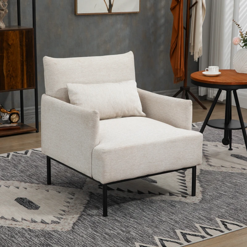 HOMCOM Poltrona Moderna d'Arredo con Cuscino Extra, in Tessuto Effetto Lino e Acciaio, 73x81x82 cm, Bianco Crema