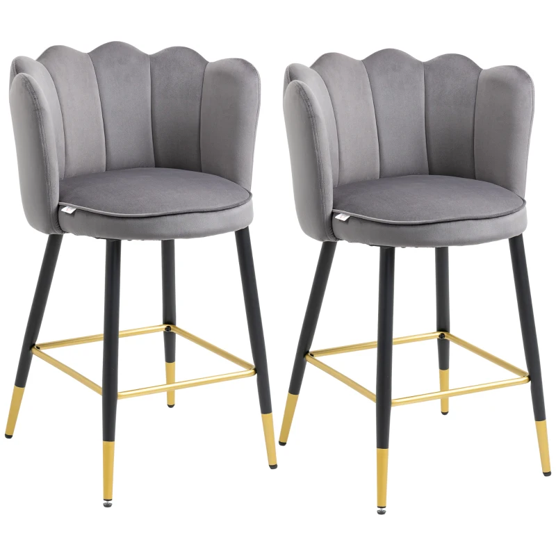 HOMCOM Set da 2 Sgabelli da Bar Vellutati con Poggiapiedi e Base in acciaio, 59x52x90cm, Grigio
