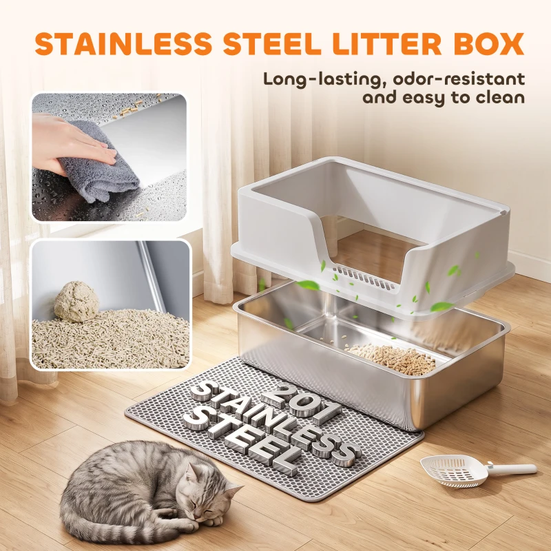PawHut XL Stainless Steel Cat Litter Tray with Lid, High Sided Cat Litter Box with Scoop and Mat, Light Grey