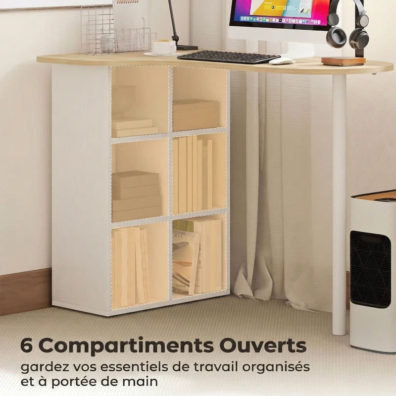 HOMCOM Bureau irrégulier table d'ordinateur 100 x 59 cm avec 6 compartiments, 4 étagères réglables et cadre en acier, chêne