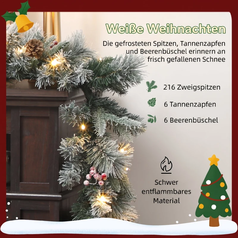 HOMCOM Girlanda świąteczna z 216 obsypanymi śniegiem gałązkami, 50 lampkami LED, Ø25x180 cm, zielona i biała