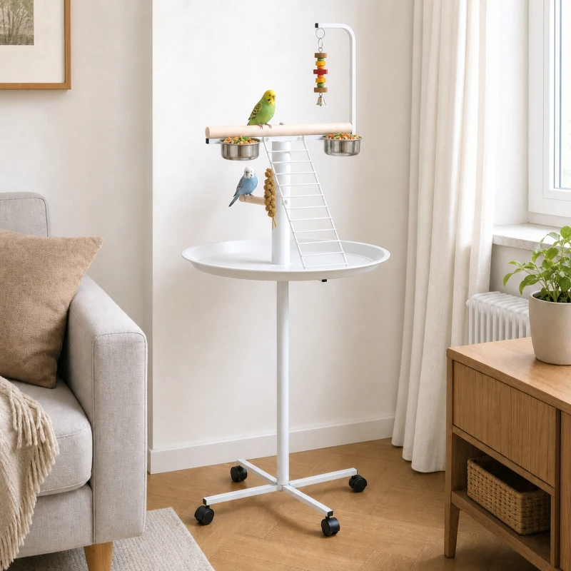 PawHut Mangeoire à oiseaux sur pied avec 4 roulettes perchoir 2 bols amovibles plateau rond acier inoxydable Ø 60 x 138H cm blanc