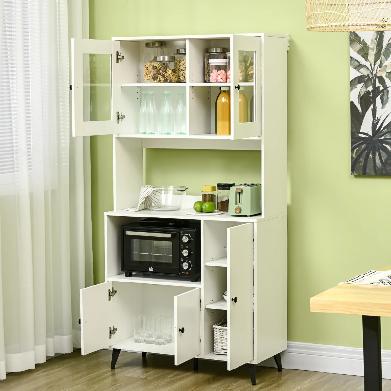 HOMCOM Armoire de cuisine avec 3 placards, niches, étagères réglables, portes vitrées, passe-câble, 90x40x180cm, blanc