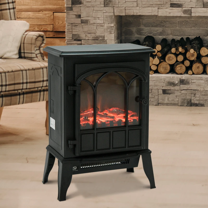 HOMCOM Camino da Terra Elettrico Potenza 1000W / 2000W con Effetto Fiamma Luminosità Regolabile, Caminetto Elettrico con Temperatura Regolabile e Protezione Anti Surriscaldamento, 39x23x56.5cm, Nero