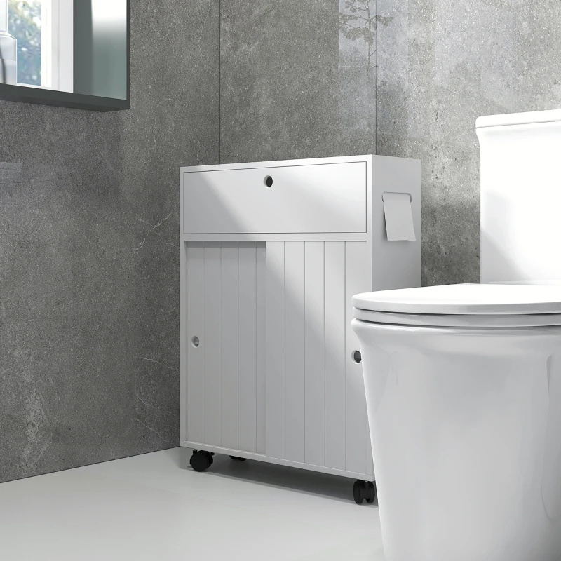 kleankin Armario de Baño Mueble Auxiliar con 4 Ruedas 2 Agujeros para Papel 2 Armarios y Estantes Ajustables 52x17x67 cm Blanco