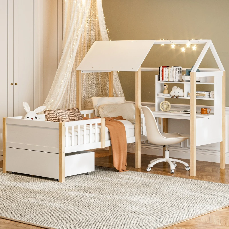Modern House-Shaped Kids Bed Frame with L-Shaped Desk, Solid Wood Loft Bed with Roomy Rolling Drawers, 195L x 90W x 164.5H cm, White