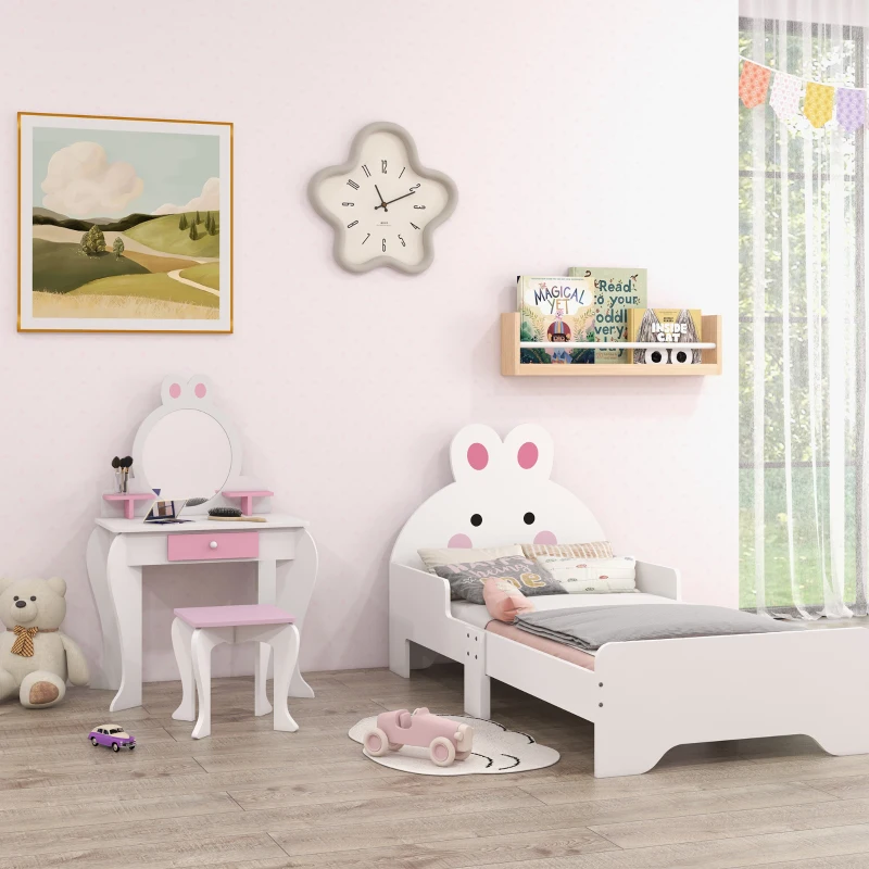 ZONEKIZ Wooden Kids Bedroom Furniture Set with Kids Dressing Table, Stool, Bed, for 3-6 Years, Bunny-Design