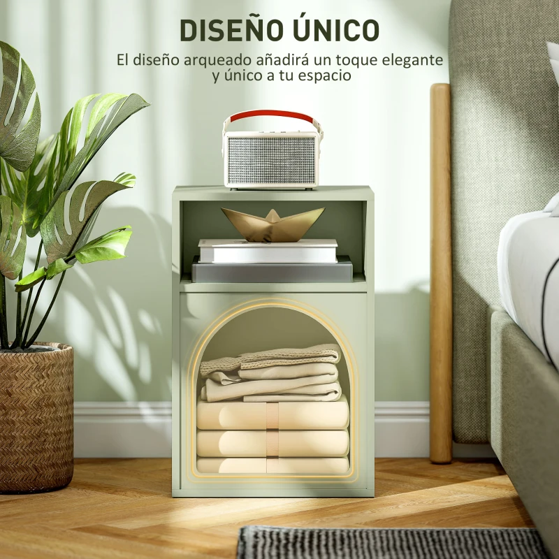 HOMCOM Mesilla de Noche Estrecha con 2 Compartimentos Abiertos Diseño en Forma de Arco 40x30x60 cm Verde