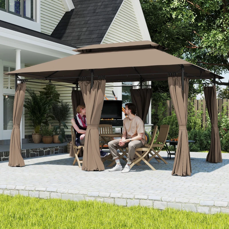Outsunny Tonnelle de jardin extérieur pavillon 6 colonnes double toit 12 oeillets de drainage en métal 3x4m kaki