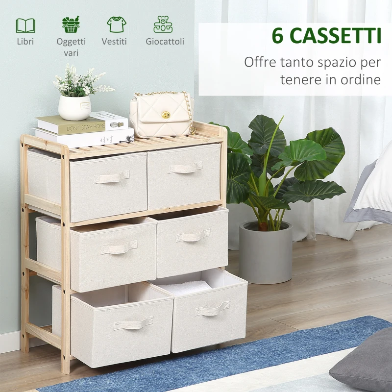HOMCOM Cassettiera con 6 Cassetti in Tessuto Pieghevoli ed Estraibili, 59x28x70cm - Legno, Beige