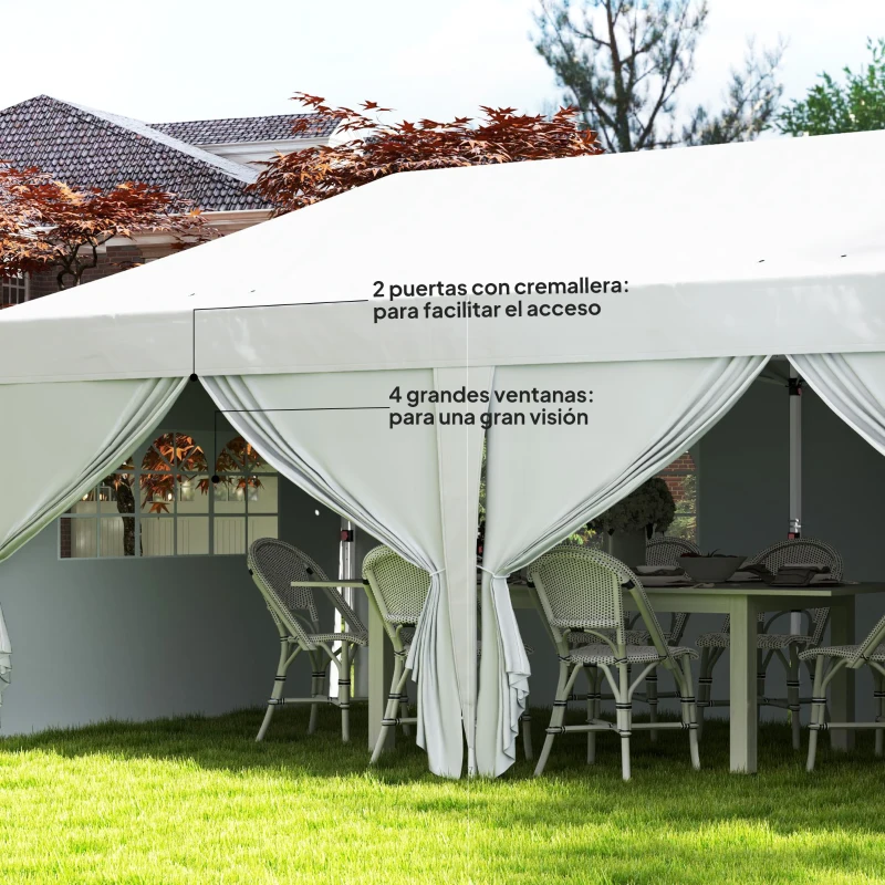 Outsunny Carpa Plegable 6x3 m Gazebo con 6 Paredes Laterales Impermeable Anti-UV y Bolsa de Transporte para Camping Fiesta Blanco