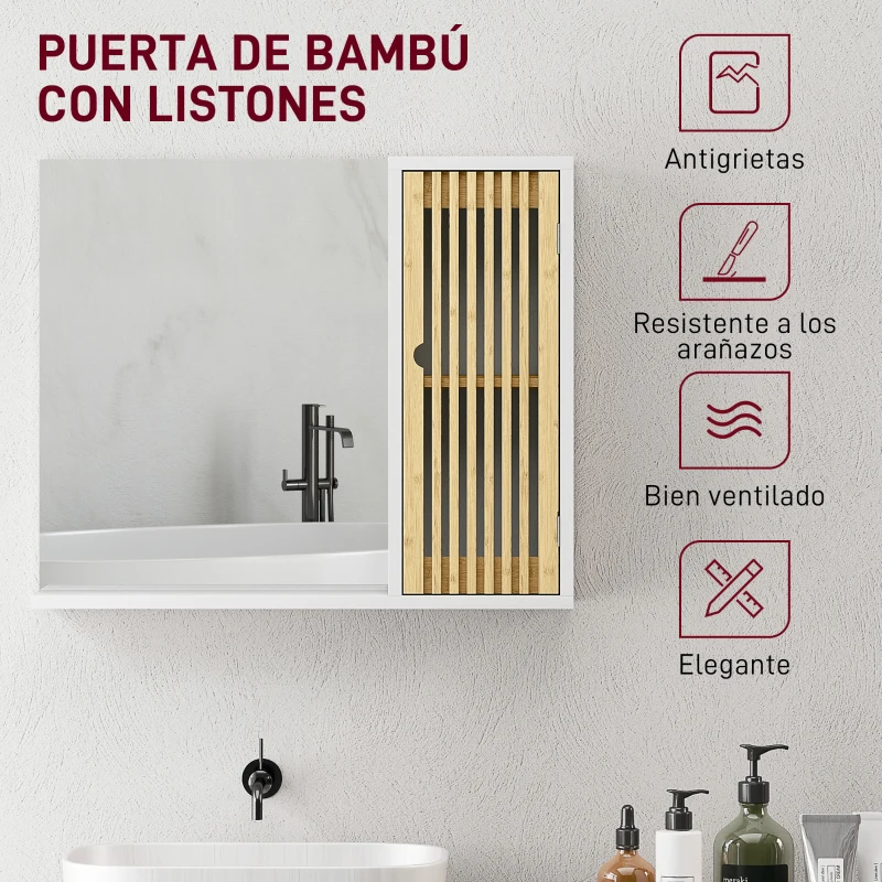 HOMCOM Espejo de Baño 60x50 cm Espejo de Pared con Puerta de Listones de Bambú Estantes de Almacenaje Blanco y Natural