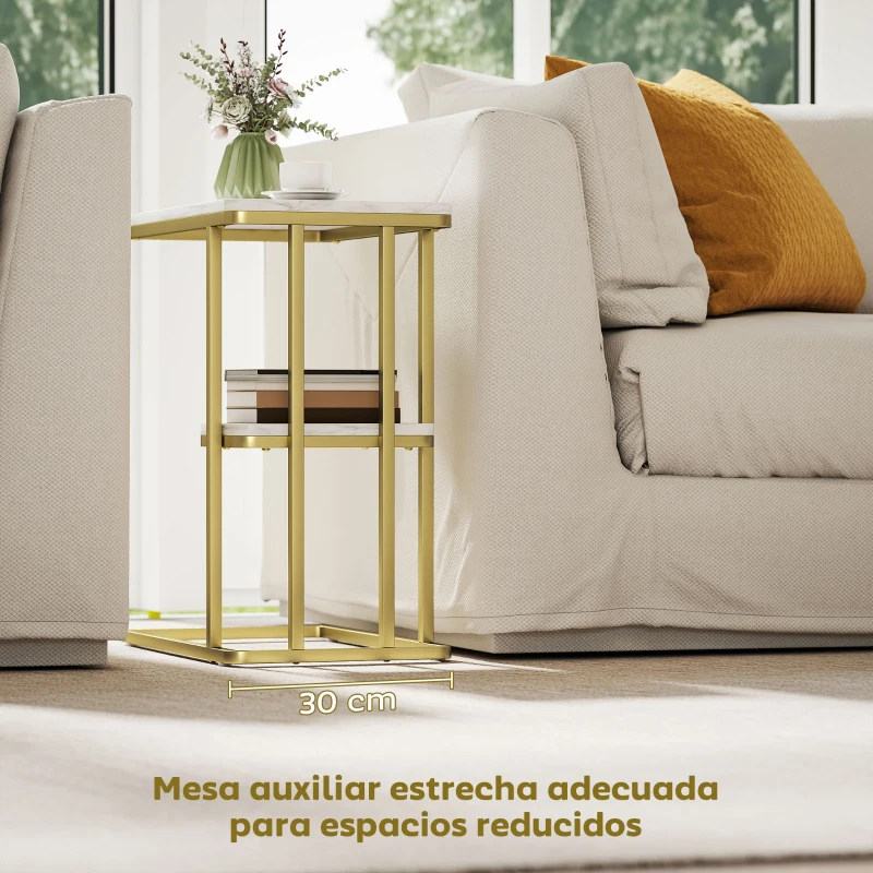 HOMCOM Mesa Auxiliar Estructura en C Estrecha con Estante Mesita de Noche Moderna 50x30x57,5 cm Blanco Efecto Mármol
