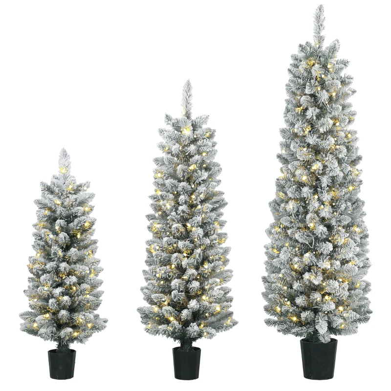 HOMCOM Prelit Snowy Flocked Artificial Christmas Tree Set of 3, Slim Xmas Tree with PVC Tips, 3FT+4FT+5FT