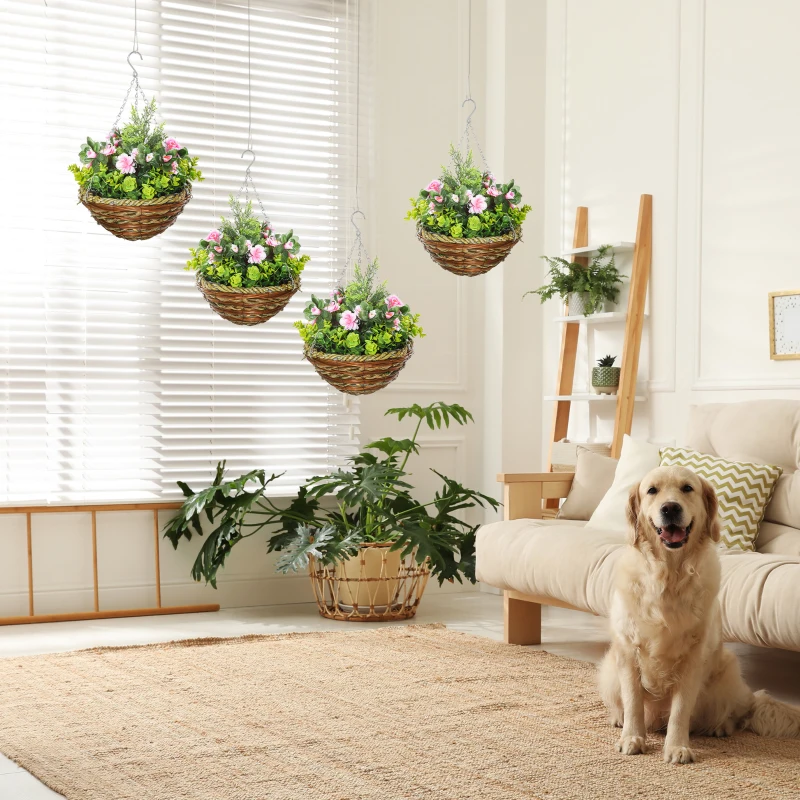 Outsunny Set of Four Hanging Lisianthus Flower Pots - Pink/Green