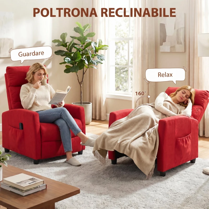HOMCOM Poltrona Massaggiante e Reclinabile a 160° con Poggiapiedi e Telecomando, 66x91x108 cm, in Ciniglia Rosso Vino