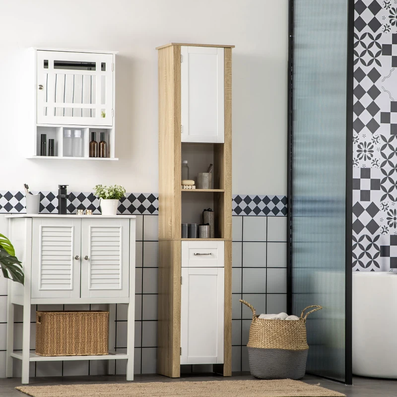kleankin Mobile Bagno Alto in Truciolato con un Cassetto, 2 Armadietti e 2 Ripiani Aperti Regolabili, 37x30x184 cm